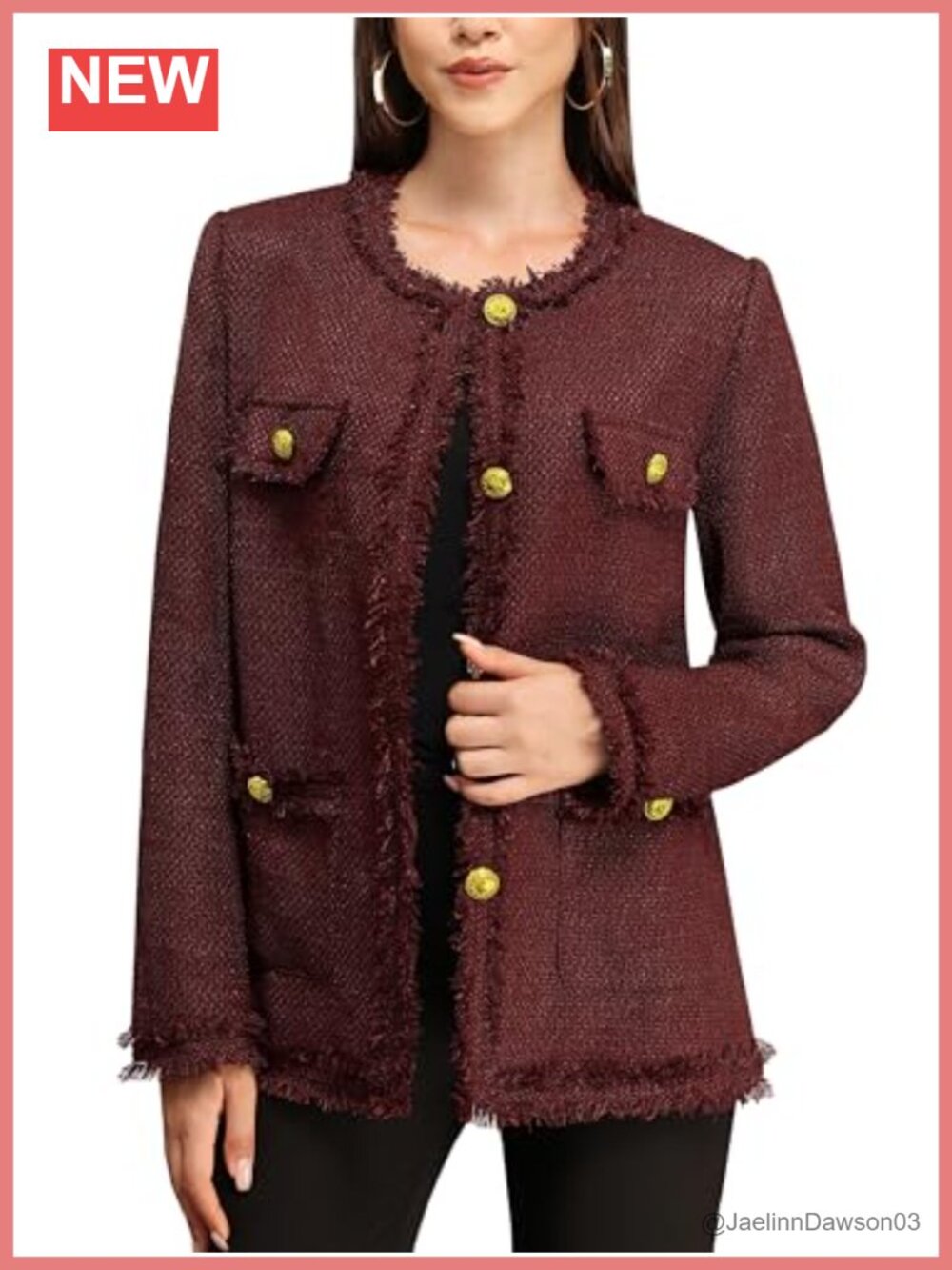 Tweed Blazer Collarless Long Sleeve Pockets Business Casual